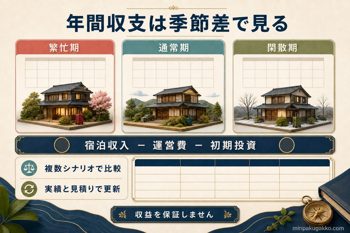 繁忙期、通常期、閑散期の季節差と宿泊収入、運営費、初期投資を比較する年間収支図