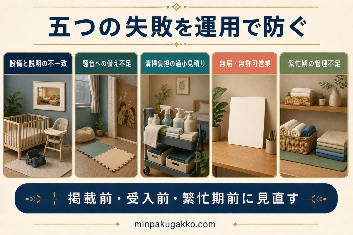 設備説明、騒音、清掃負担、届出許可、繁忙期管理の五つの失敗を整理した予防図