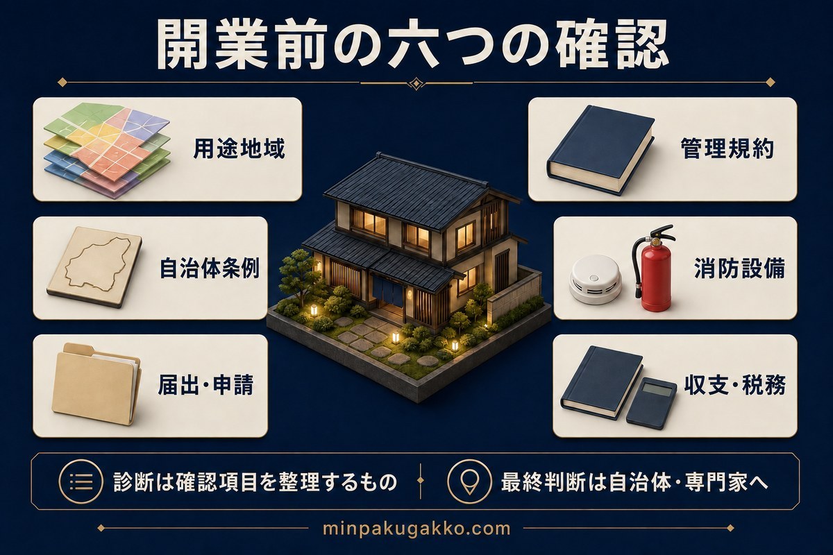 民泊開業前に用途地域、管理規約、条例、消防、申請、収支税務を確認する六項目図