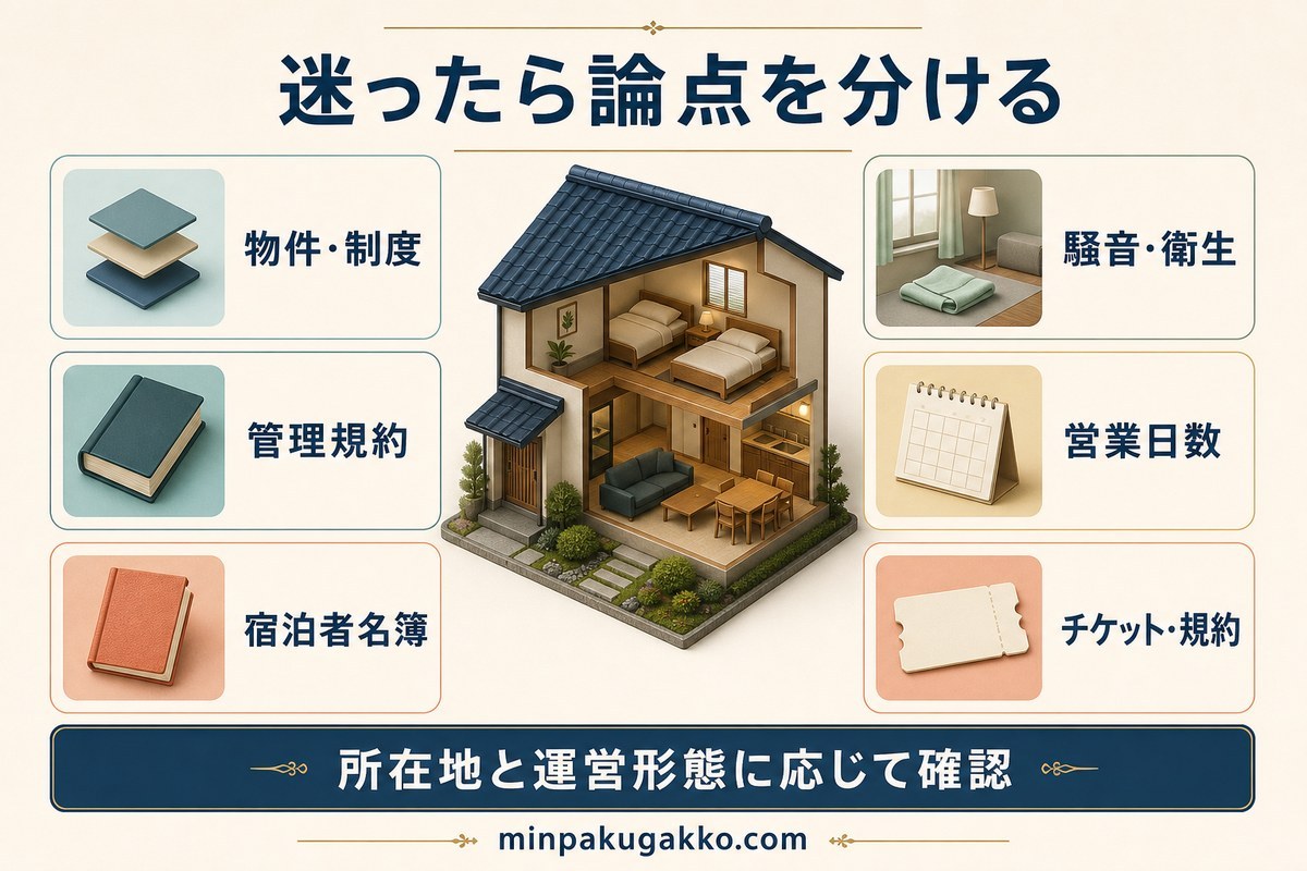 動物園・水族館近隣民泊のFAQを物件制度、管理規約、名簿、騒音衛生、営業日数、チケット規約に分けた図
