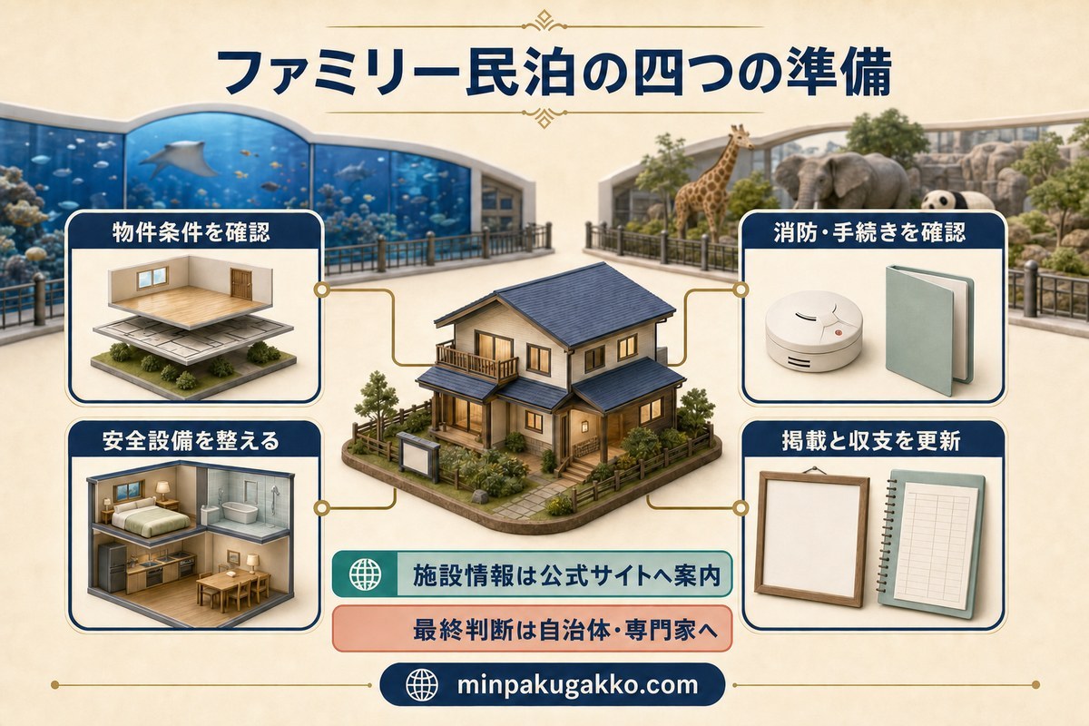ファミリー民泊を物件条件、消防手続き、安全設備、掲載収支の四段階で整えるまとめ図