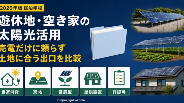 遊休地・空き家の太陽光活用で自家消費・貸地・営農型・屋根設置と許認可を比較するアイキャッチ