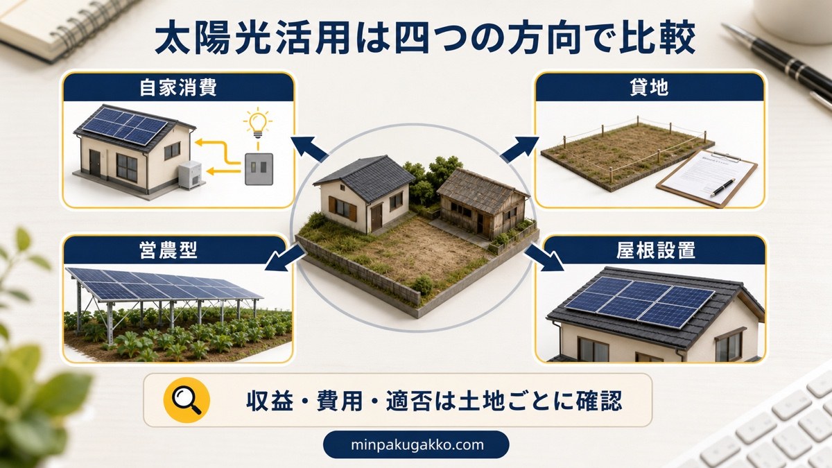遊休地と空き家の太陽光活用を自家消費・貸地・営農型・屋根設置で比較する図