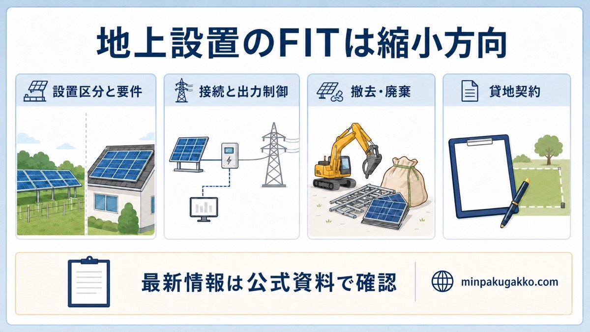 地上設置のFIT縮小方向と設置区分・出力制御・撤去廃棄・貸地契約の確認図
