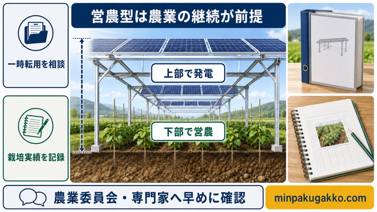 営農型太陽光で上部発電と下部営農を両立し一時転用と栽培記録を確認する図