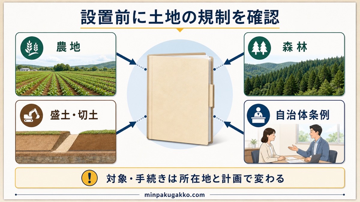 太陽光設置前に農地・森林・盛土切土・自治体条例を確認する図