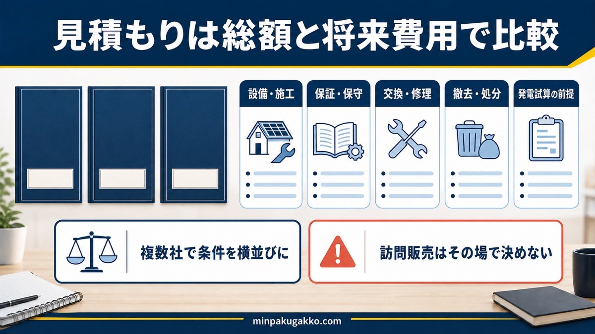 太陽光の見積もりを設備施工・保証保守・交換修理・撤去処分・試算前提で比較する図