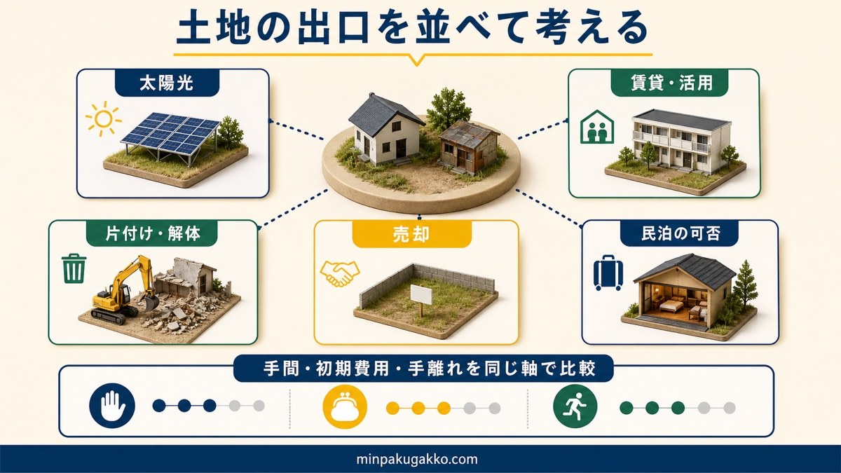 太陽光・賃貸活用・片付け解体・売却・民泊可否を土地の出口として比較する図