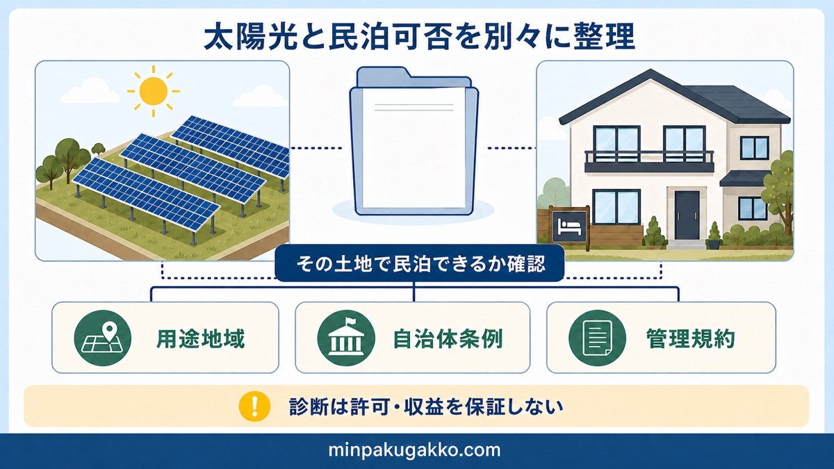 太陽光の土地活用と民泊可否を分けて用途地域・自治体条例・管理規約から確認する図
