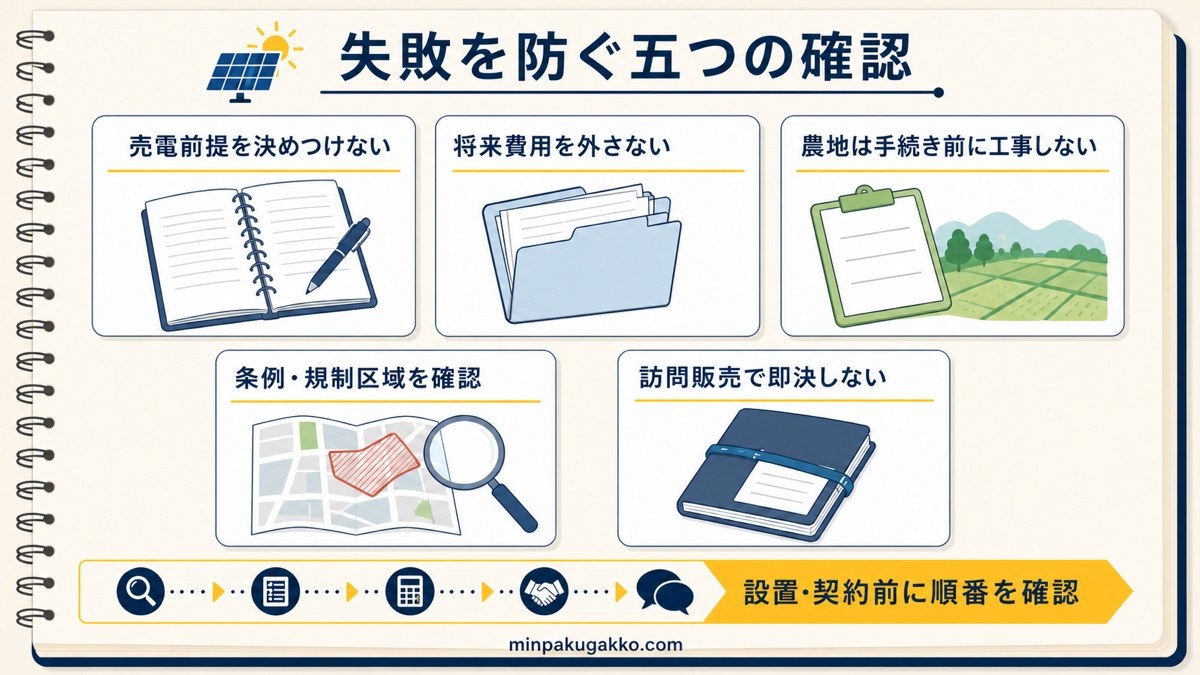太陽光活用の売電前提・将来費用・農地手続き・地域規制・訪問販売の失敗予防図