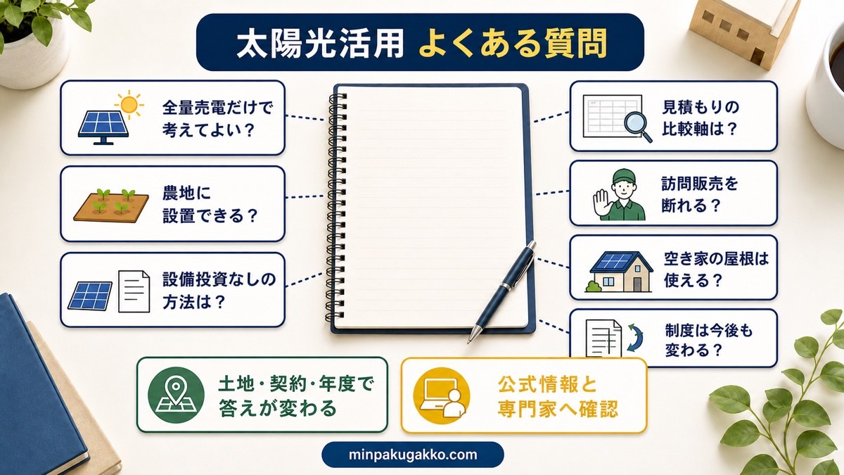 全量売電・農地・設備投資・見積もり・訪問販売・屋根・制度変更の太陽光FAQ図