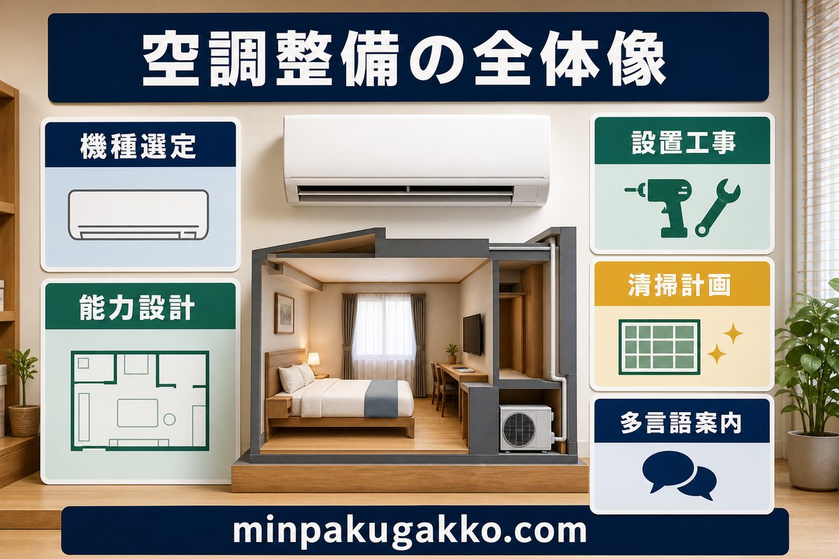 民泊の空調整備を機種選定・能力設計・設置工事・清掃計画・多言語案内で整理する図