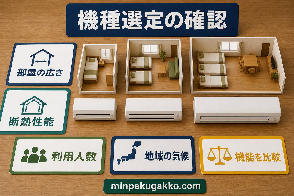 エアコン機種選定を部屋の広さ・断熱性能・利用人数・地域の気候・機能比較で確認する図
