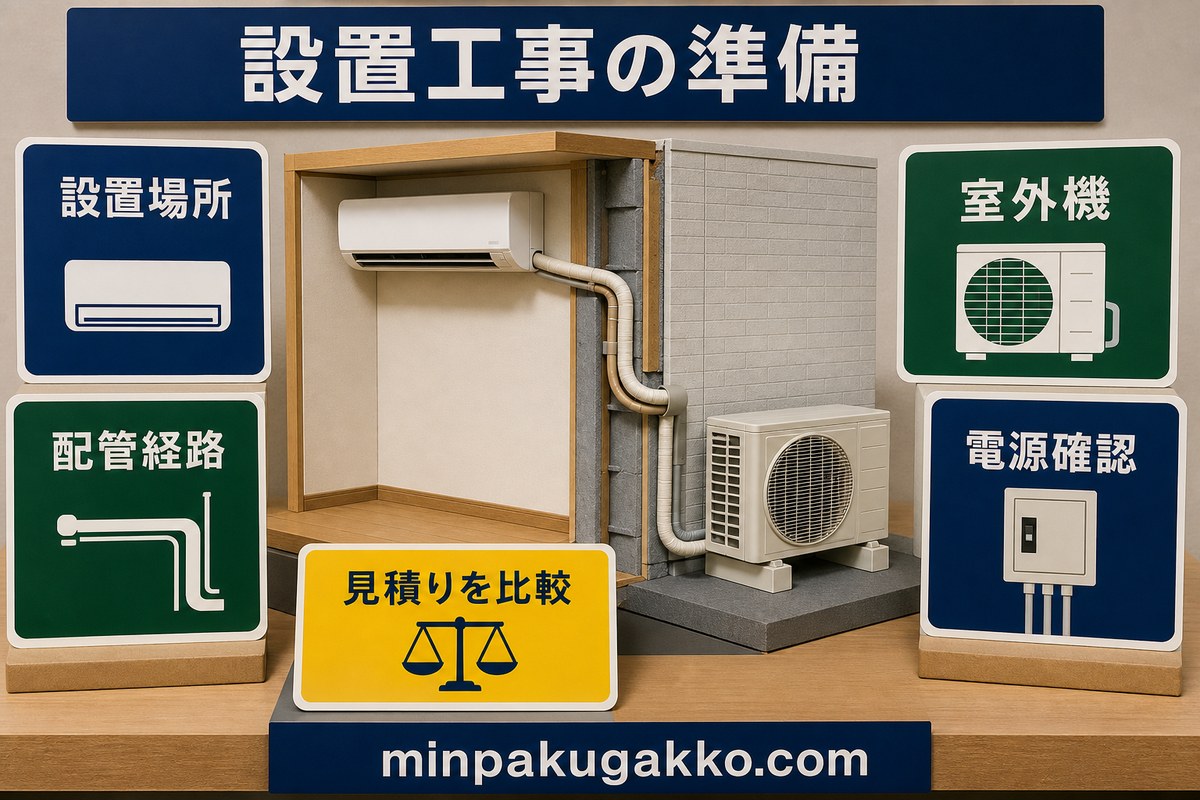 エアコン設置工事を設置場所・配管経路・室外機・電源・見積り比較で確認する図
