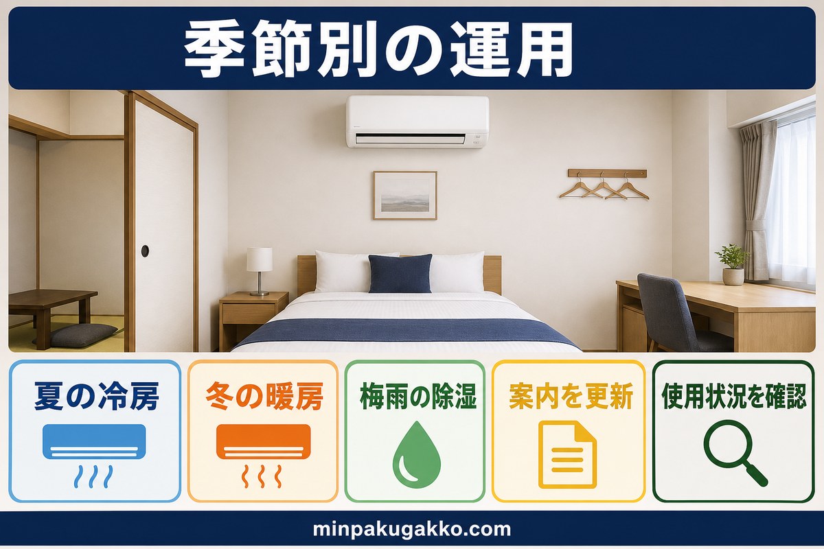 エアコンの季節別運用を夏の冷房・冬の暖房・梅雨の除湿・案内更新・使用状況確認で整理する図