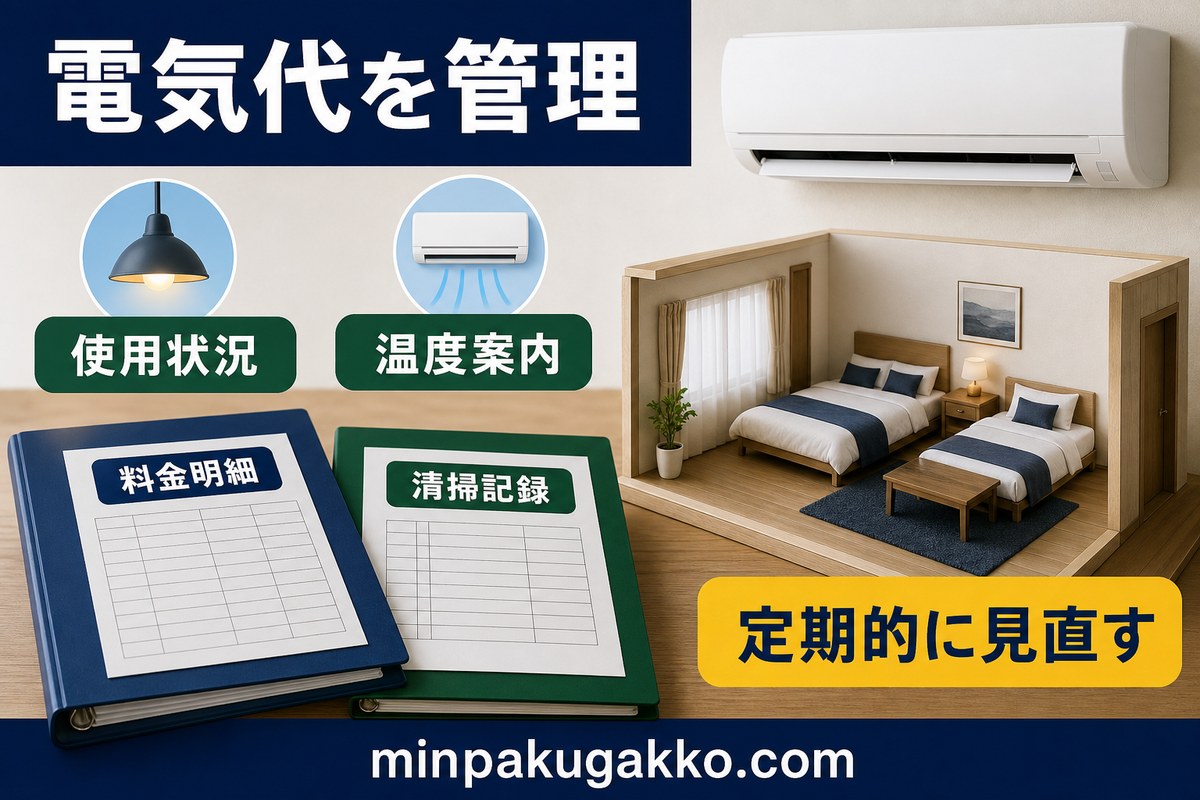エアコンの電気代を使用状況・料金明細・温度案内・清掃記録・定期見直しで管理する図