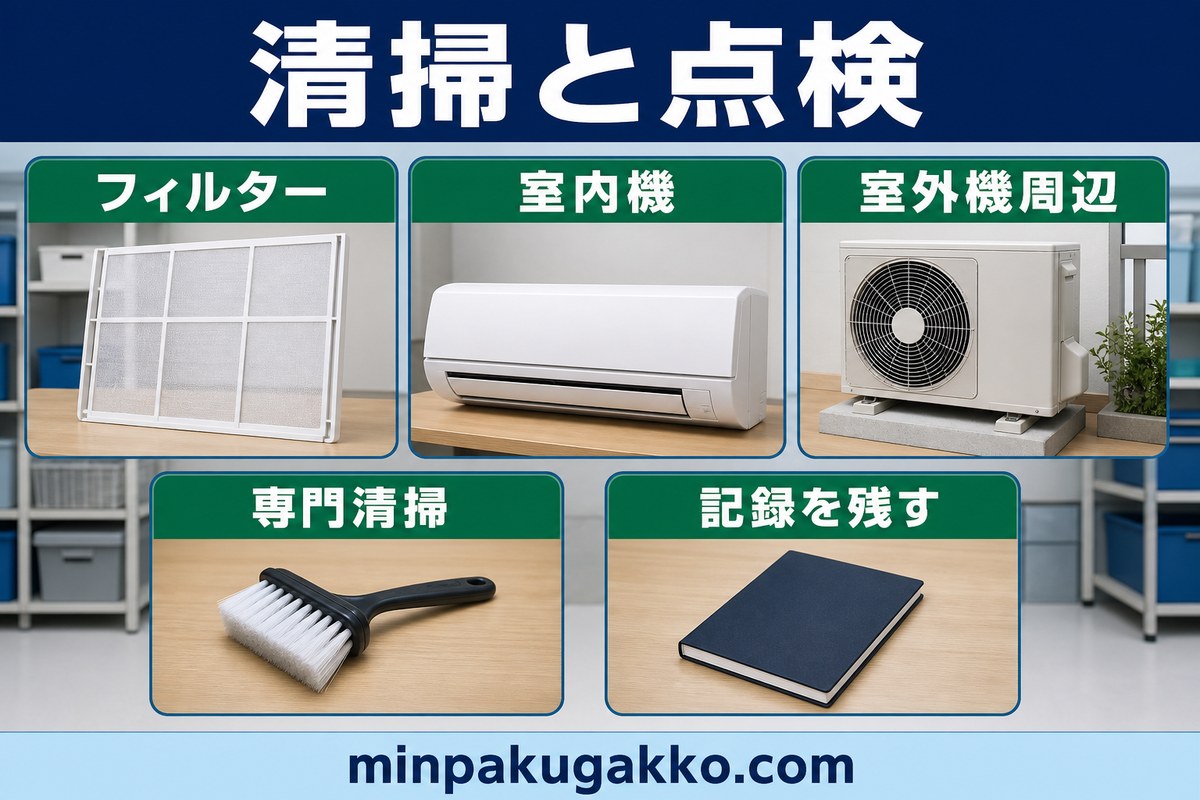 エアコンの清掃と点検をフィルター・室内機・室外機周辺・専門清掃・記録で整理する図