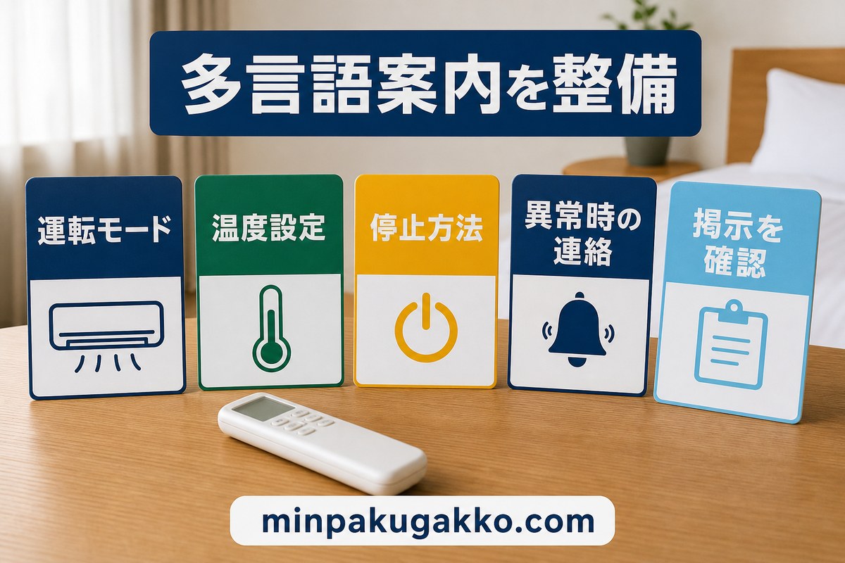 エアコンの多言語案内を運転モード・温度設定・停止方法・異常時の連絡・掲示確認で整理する図
