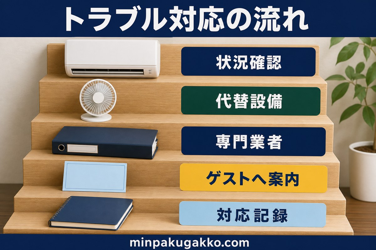 エアコントラブル対応を状況確認・代替設備・専門業者・ゲスト案内・対応記録で整理する図