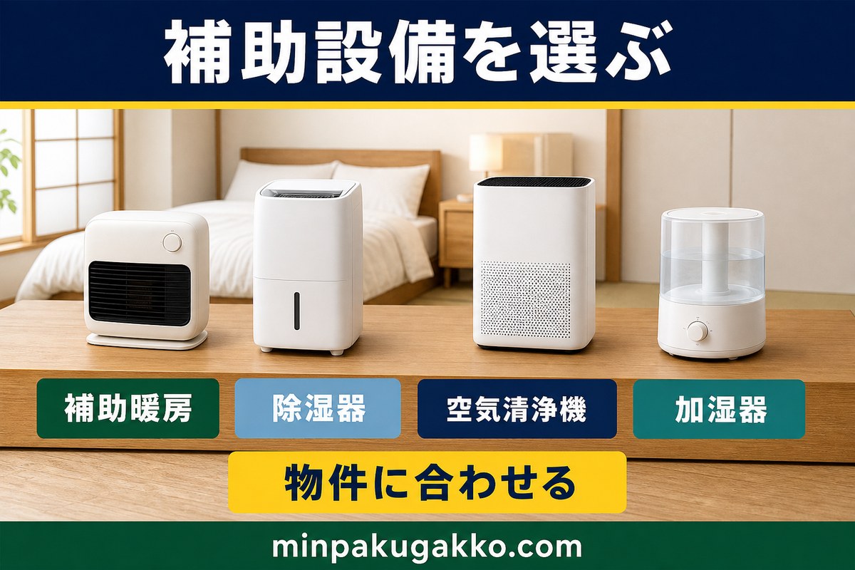 民泊の補助設備を補助暖房・除湿器・空気清浄機・加湿器から物件に合わせて選ぶ図