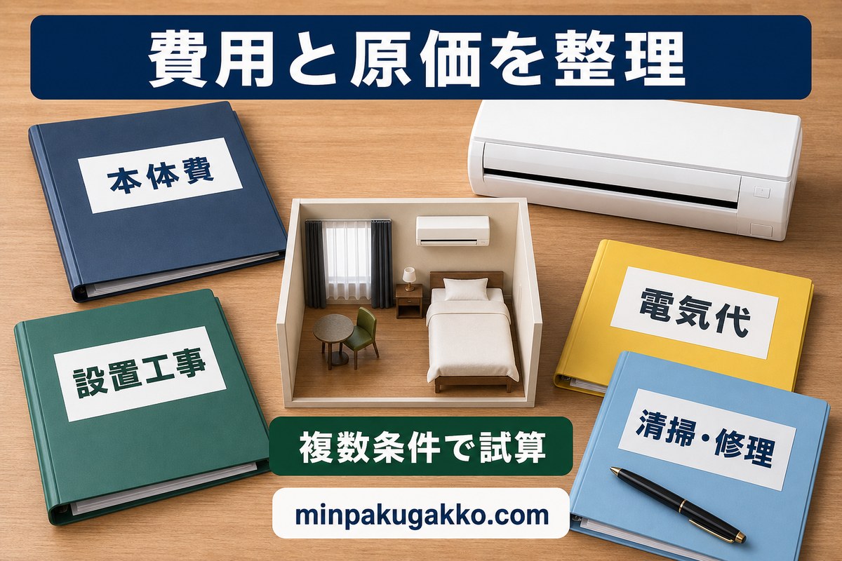 エアコン整備の費用を本体費・設置工事・電気代・清掃修理で整理し複数条件で試算する図