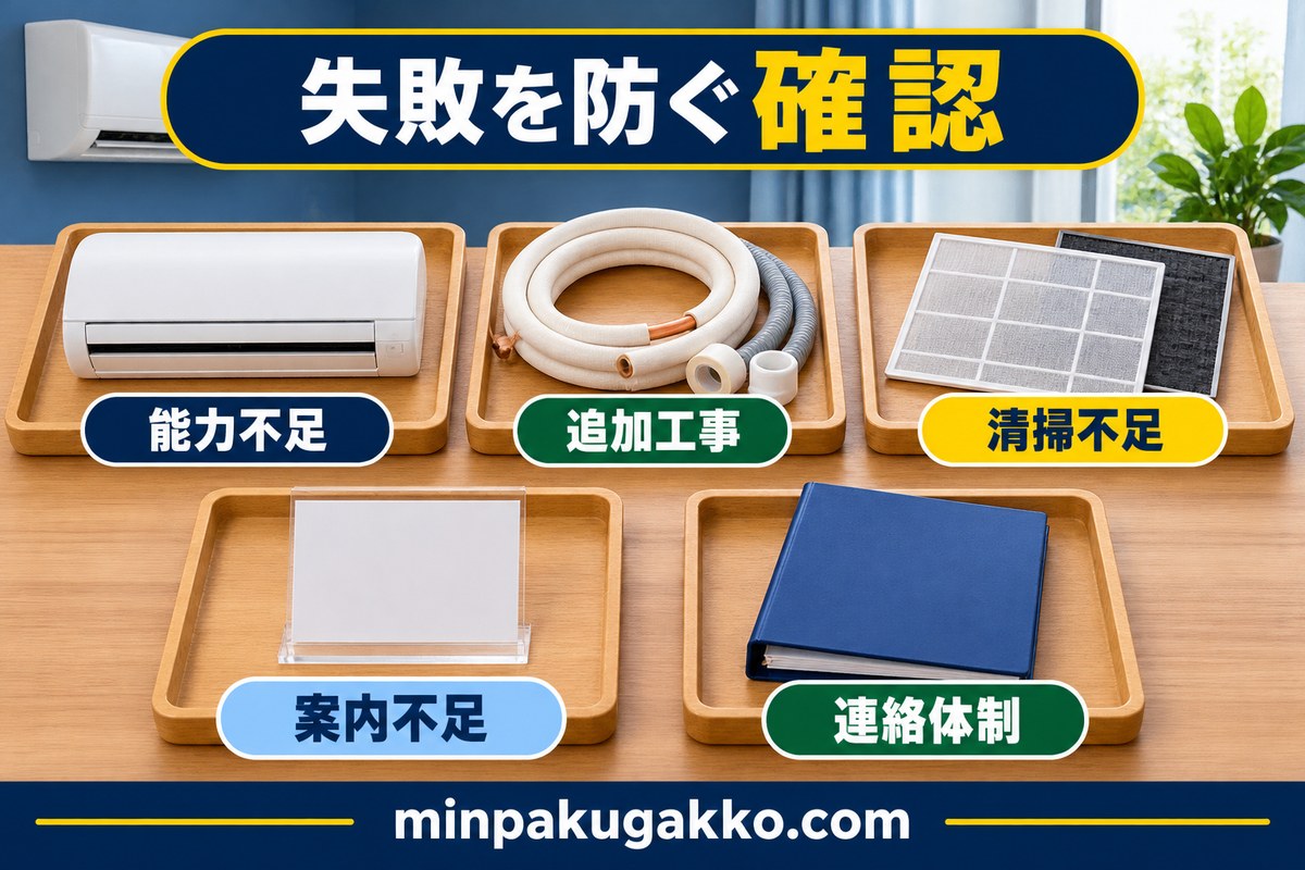 エアコン整備の能力不足・追加工事・清掃不足・案内不足・連絡体制を事前確認する図