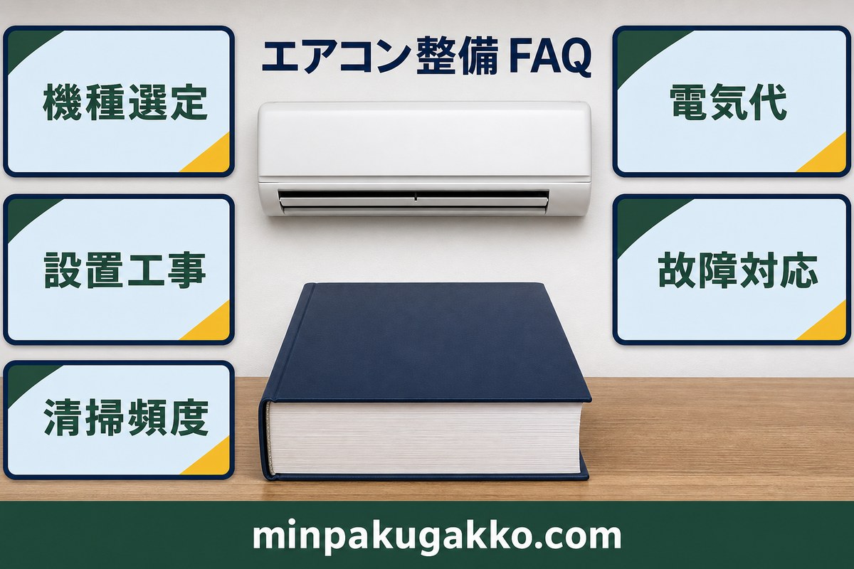 エアコン整備の機種選定・設置工事・清掃頻度・電気代・故障対応に関するFAQ図
