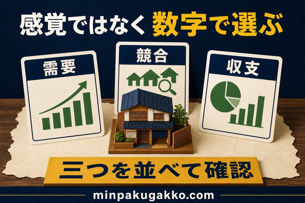 民泊エリアを需要、競合、収支の三つで確認する図解