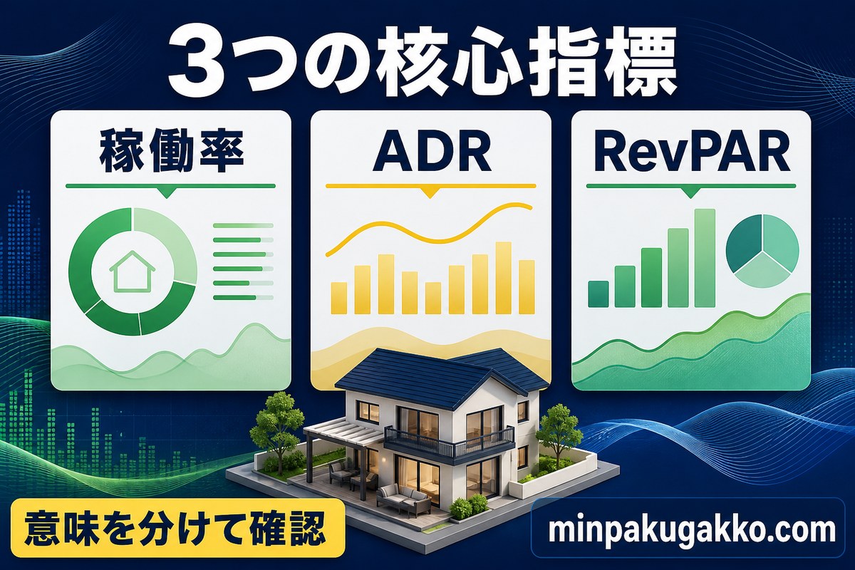 民泊エリア分析の稼働率、ADR、RevPARを整理した図解
