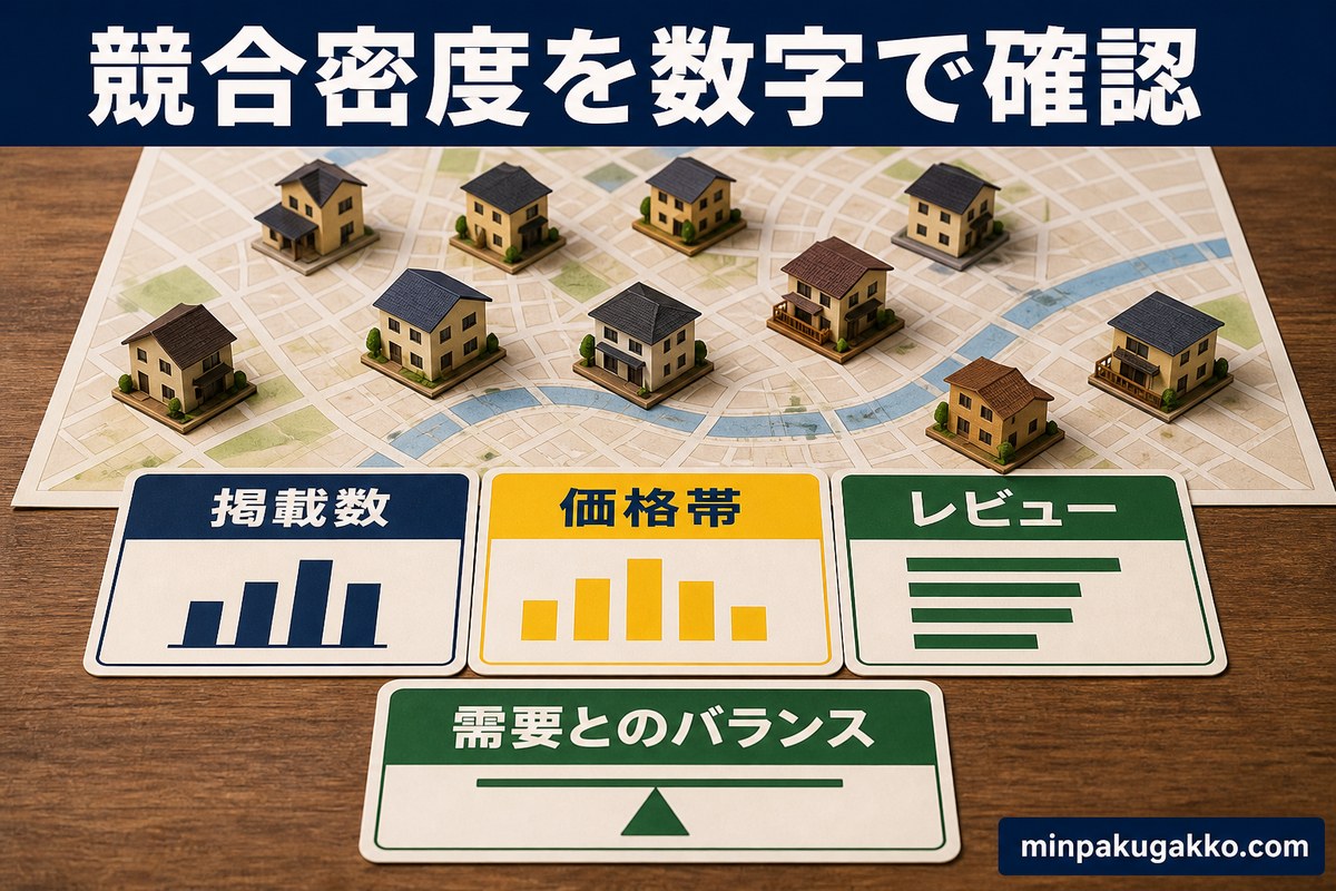 競合密度を掲載数、価格帯、レビュー、需要とのバランスで確認する図解