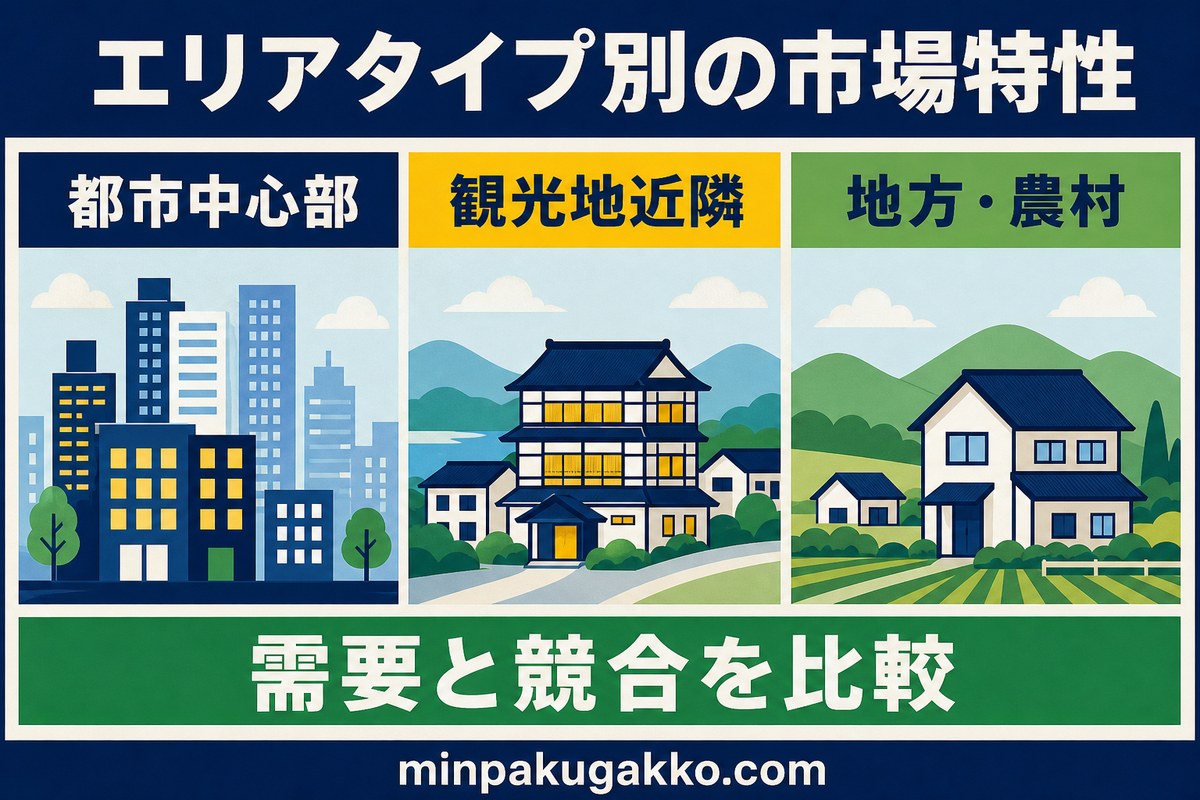 都市中心部、観光地近隣、地方農村の市場特性を需要と競合で比較する図解