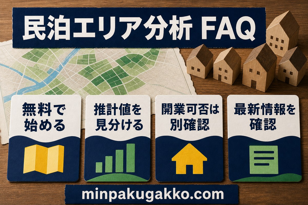 民泊エリア分析の無料調査、推計値、開業可否、最新情報の質問を整理した図解