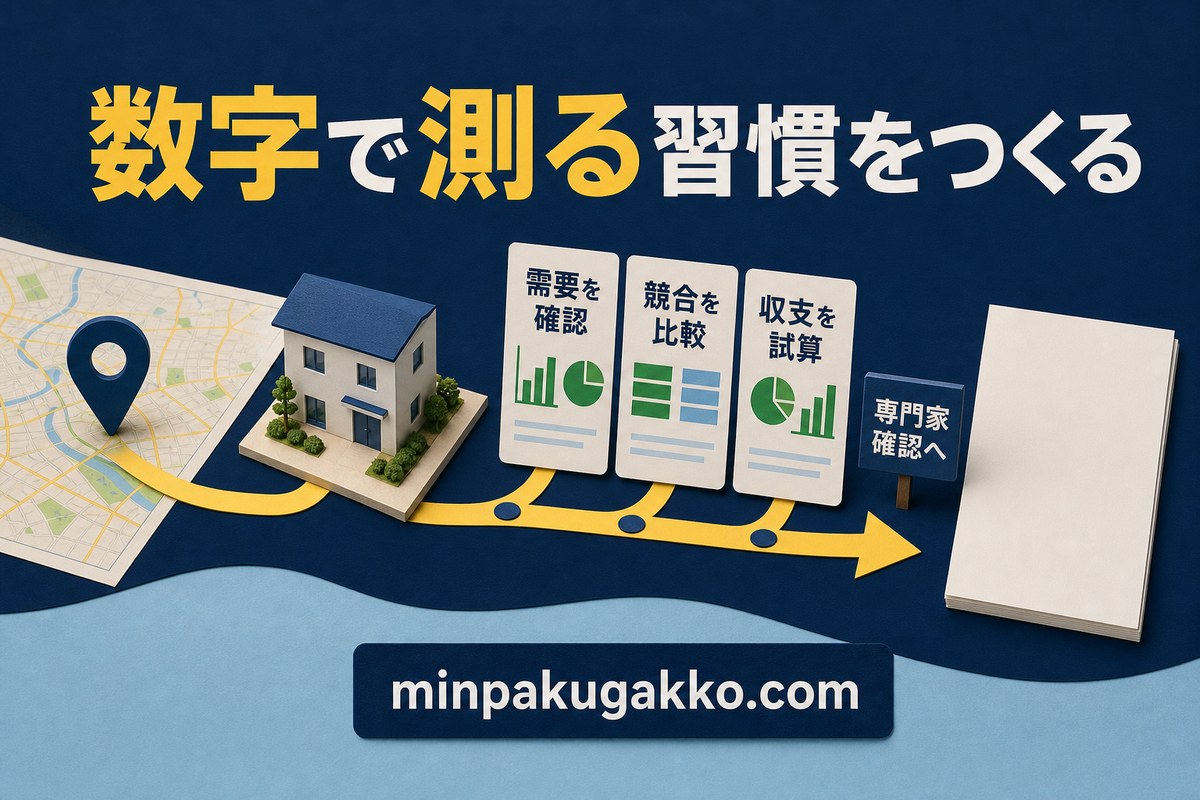 民泊エリア分析で需要、競合、収支を確認し専門家確認へ進む図解