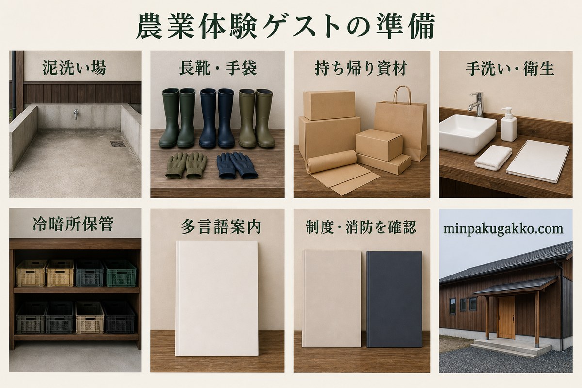 泥洗い場、長靴と手袋、持ち帰り資材、手洗いと衛生、冷暗所保管、多言語案内、制度と消防を整理した農業体験ゲスト準備図