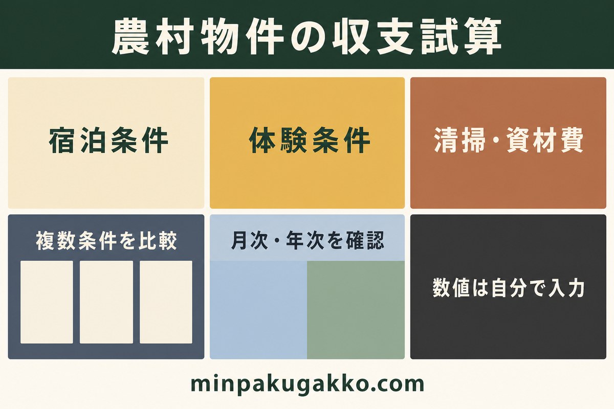 宿泊条件、体験条件、清掃費と資材費、複数条件、月次と年次を比較する農村物件の収支試算図