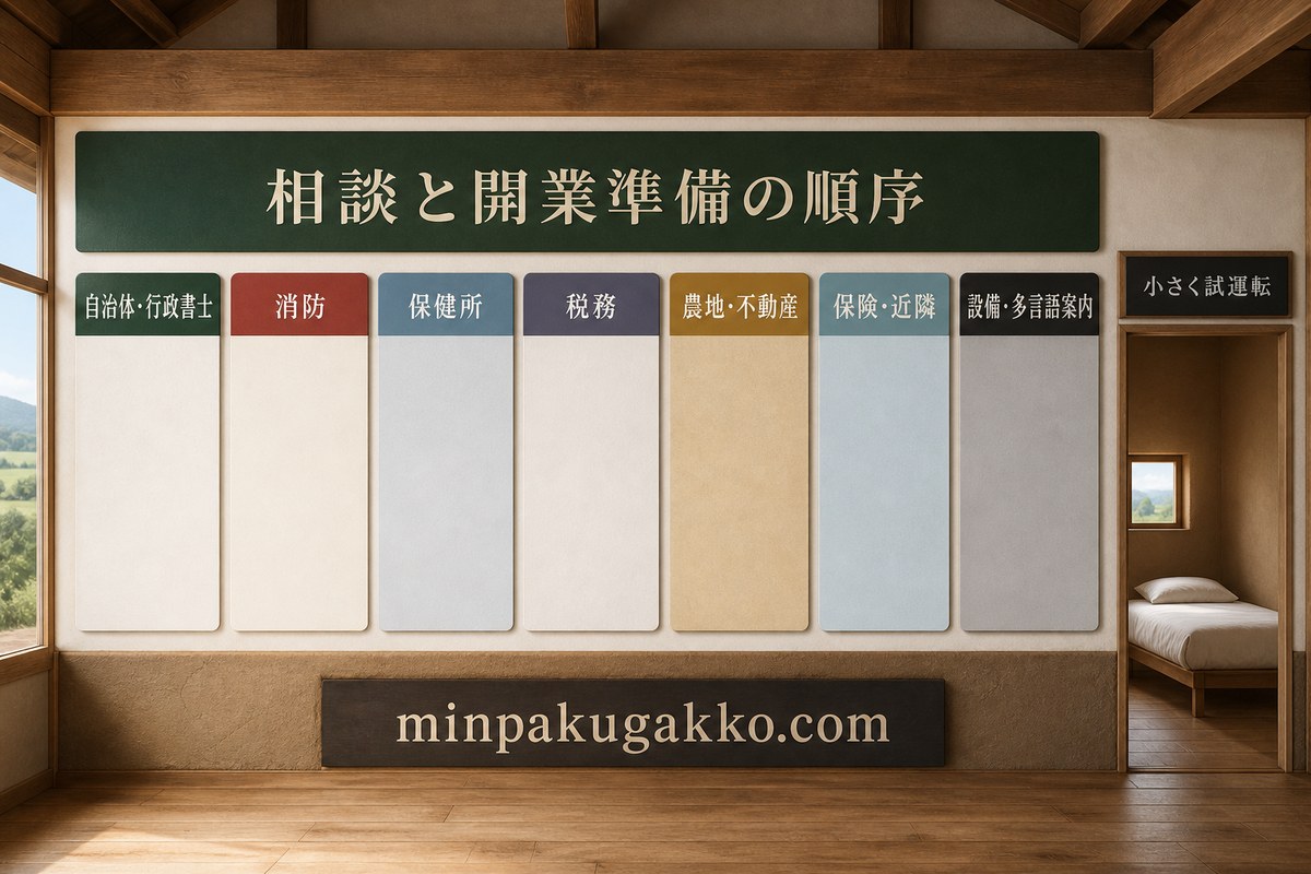 自治体と行政書士、消防、保健所、税務、農地と不動産、保険と近隣、設備と多言語案内を順に確認して小さく試運転する開業準備図