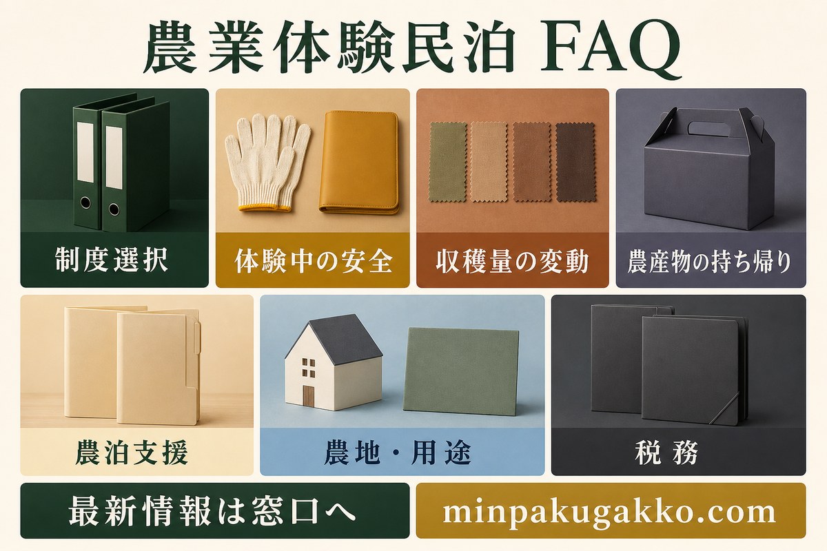 制度選択、体験中の安全、収穫量、農産物の持ち帰り、農泊支援、農地と用途、税務を整理した農業体験民泊FAQ図