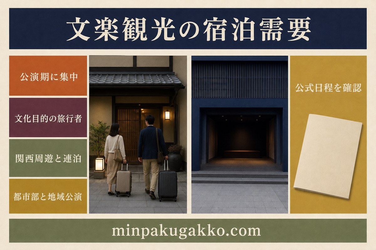 公演期の集中需要、文化目的の旅行者、関西周遊と連泊、都市部と地域公演を整理した文楽観光の宿泊需要図