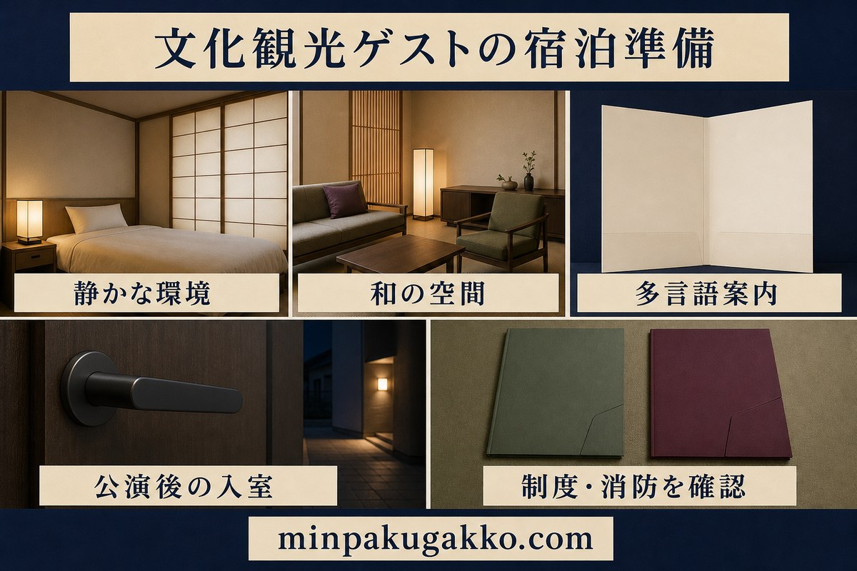 静かな環境、和の空間、多言語案内、公演後の入室、制度と消防を整理した文化観光ゲスト向け宿泊準備図