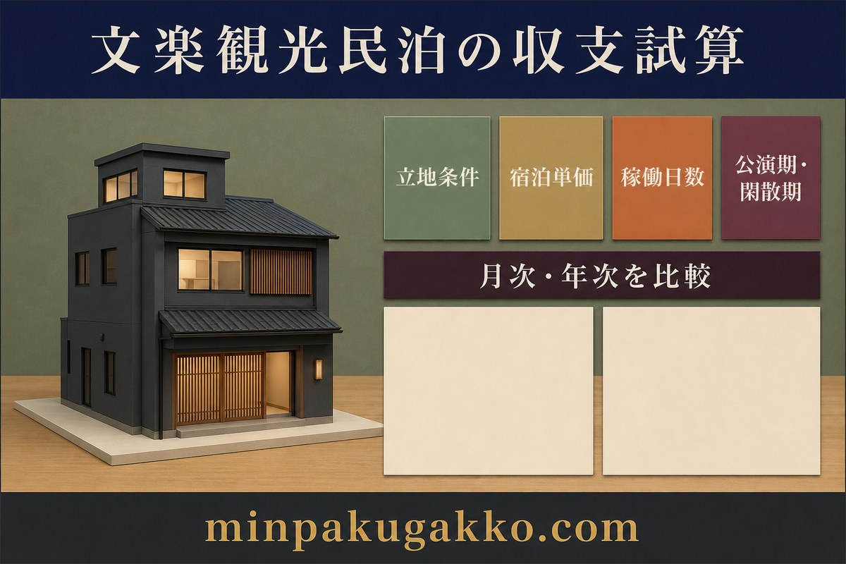 立地条件、宿泊単価、稼働日数、公演期と閑散期から月次と年次を比較する文楽観光民泊の収支試算図