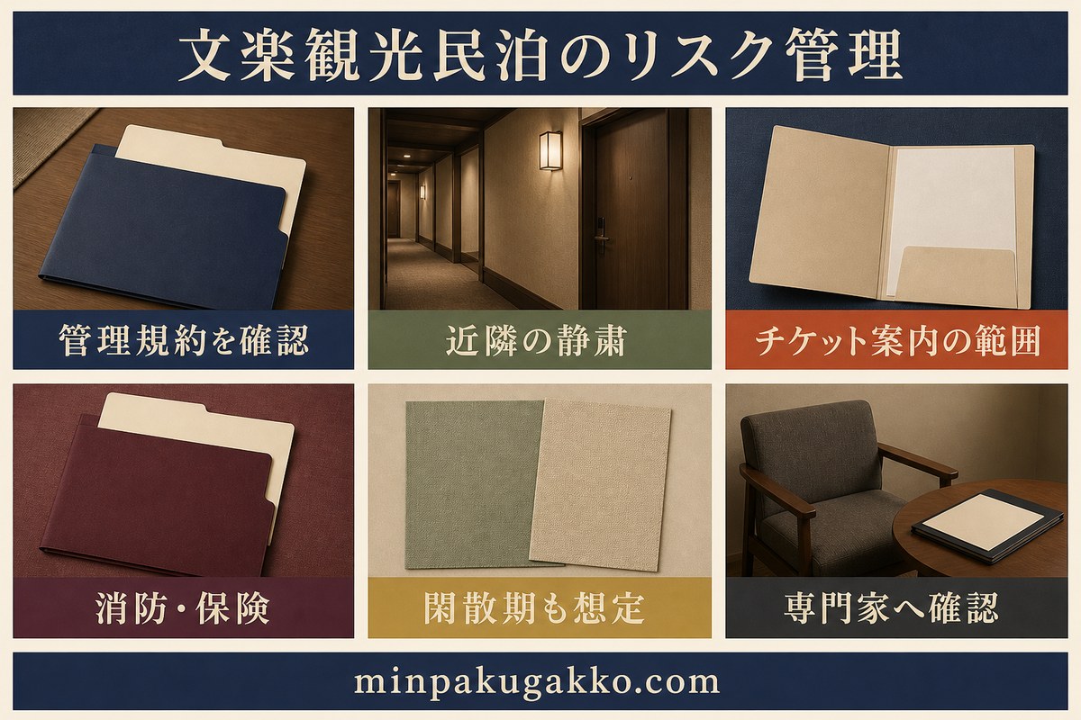 管理規約、近隣の静粛、チケット案内の責任範囲、消防と保険、閑散期、専門家確認を整理したリスク管理図