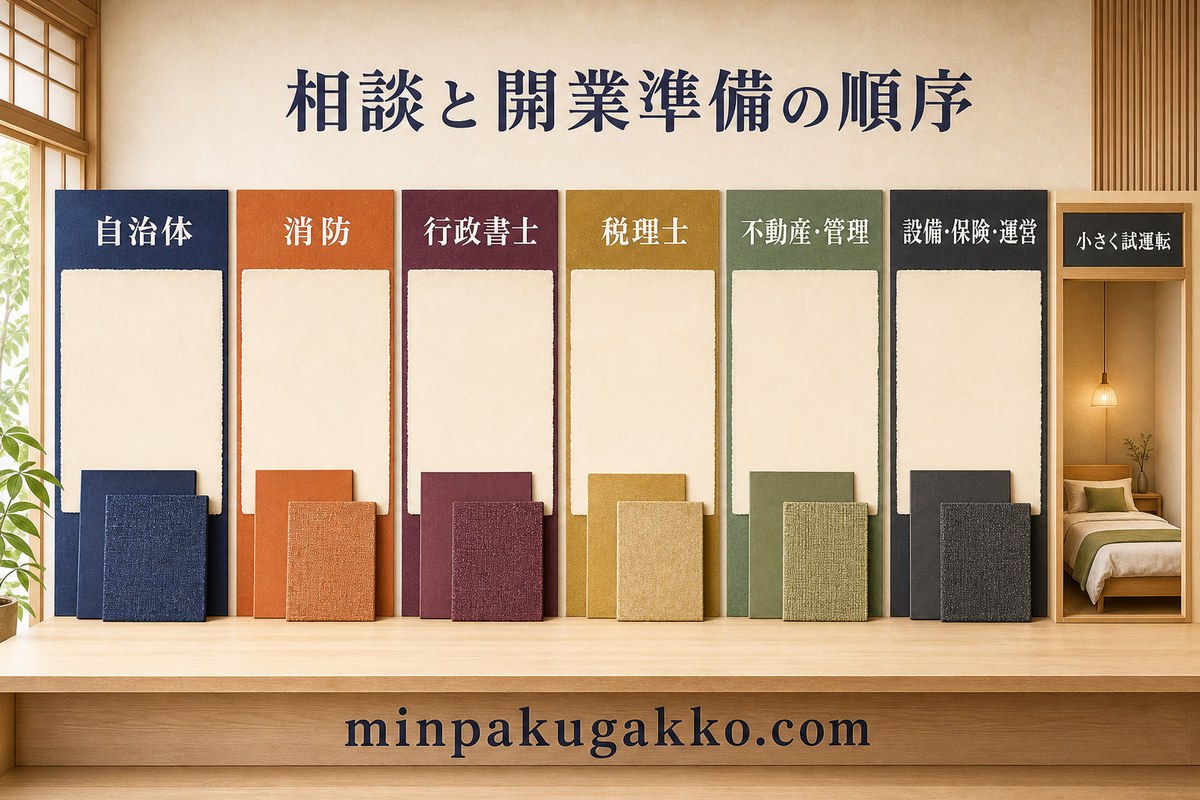 自治体、消防、行政書士、税理士、不動産と管理、設備と保険と運営を確認して小さく試運転する開業準備図