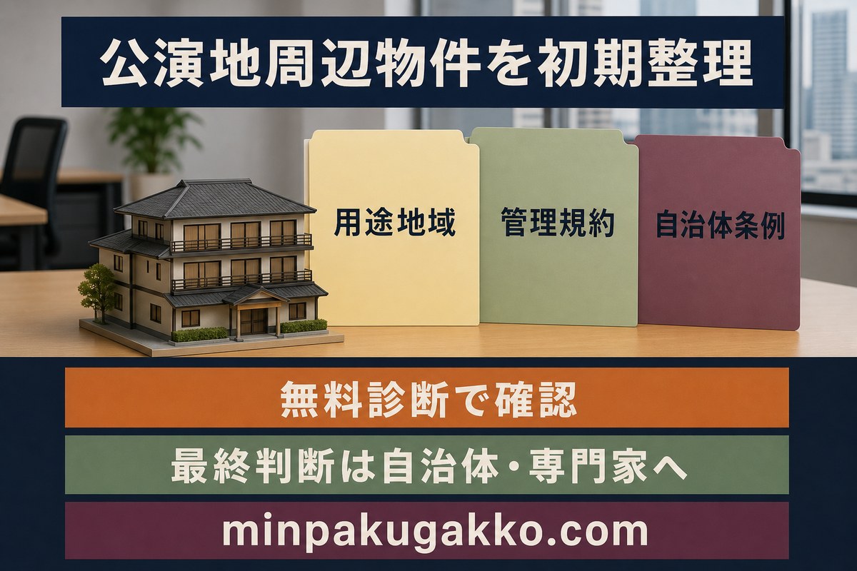 用途地域、管理規約、自治体条例から公演地周辺物件を初期整理し、自治体と専門家の最終確認につなげる無料診断図