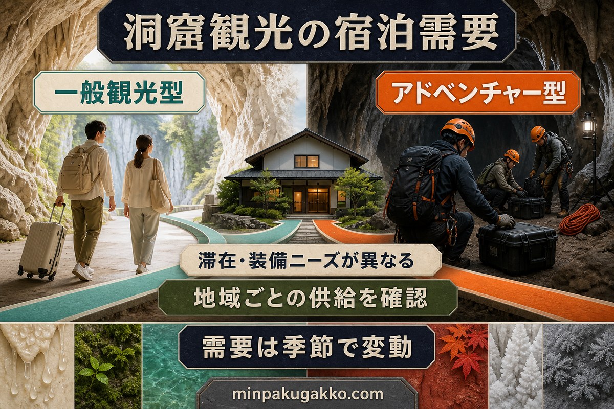 一般観光型とアドベンチャー型の滞在・装備ニーズ、地域の宿泊供給、季節変動を整理した洞窟観光の宿泊需要図