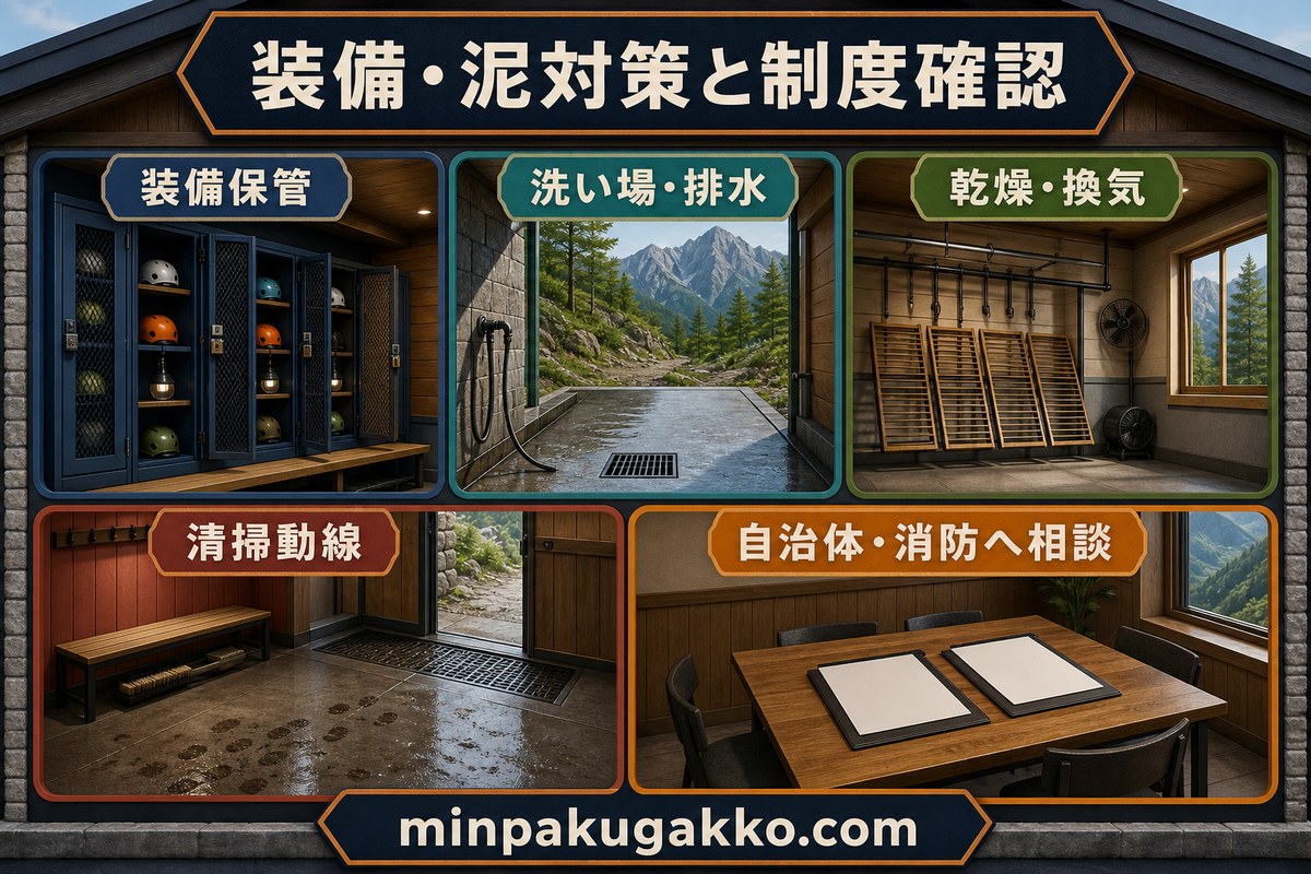 装備保管、泥対応の洗い場と排水、乾燥と換気、清掃動線、自治体と消防への相談を整理した設備制度図