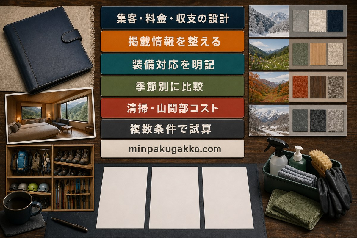 掲載情報、装備対応、季節別料金、清掃費、山間部コストを複数条件で試算する集客収支図