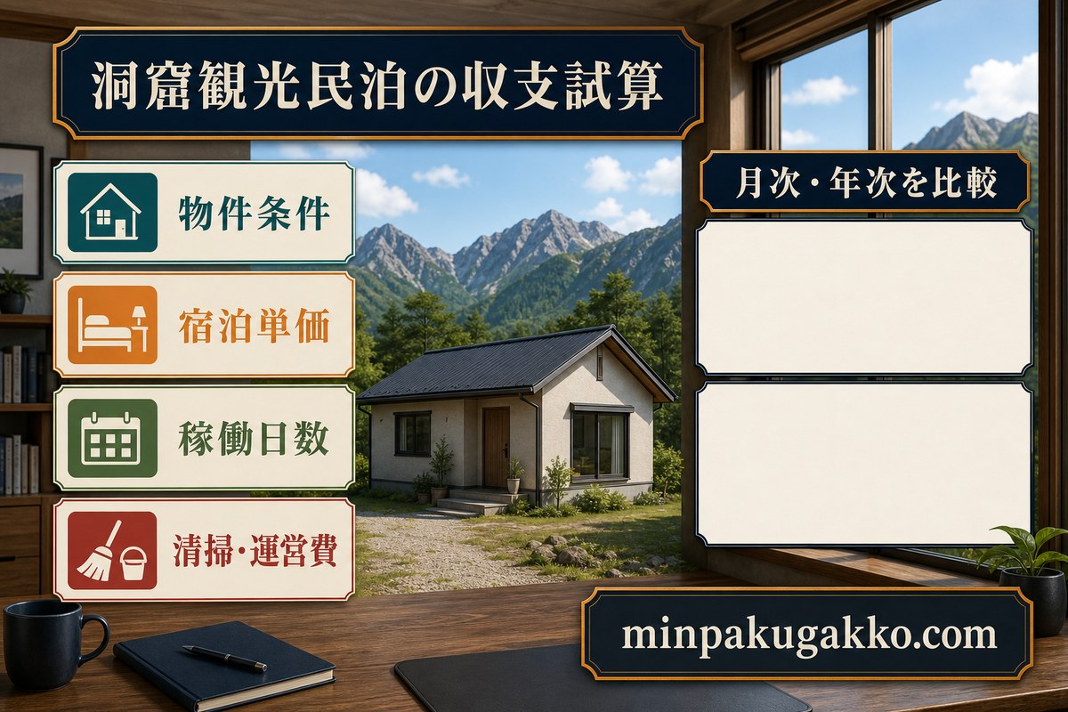 物件条件、宿泊単価、稼働日数、清掃費、運営費から月次と年次を比較する洞窟観光民泊の収支試算図