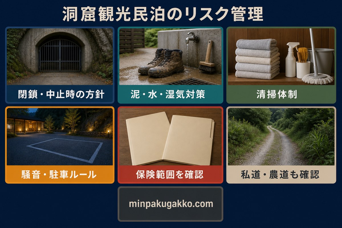 洞窟閉鎖時の方針、泥と湿気、清掃、騒音と駐車、保険、私道や農道を整理したリスク管理図