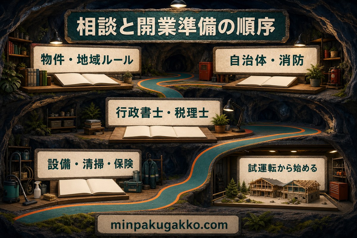 物件と地域ルール、自治体と消防、行政書士と税理士、設備と清掃と保険を確認して試運転から始める開業準備図