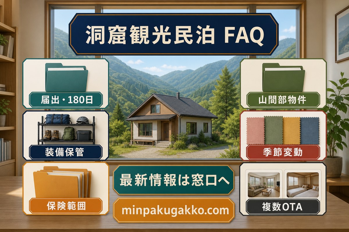 届出と180日、山間部物件、装備保管、季節変動、保険範囲、複数OTAを整理した洞窟観光民泊のFAQ図